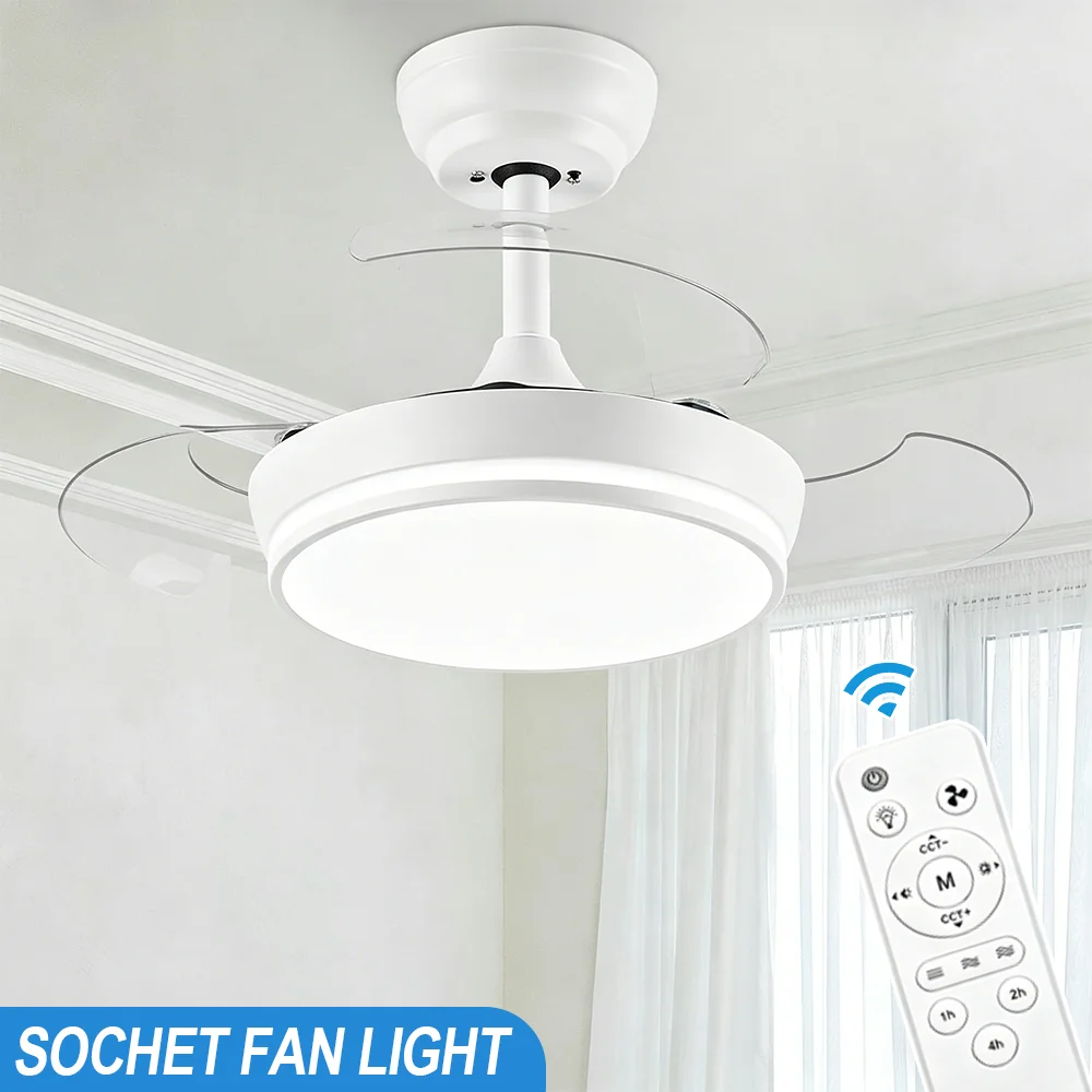 2 in 1 E27 천장 선풍기 조명, 리모컨 포함, 3색 3단 풍속 조절, 디밍 가능, 타이머 기능, 거실용