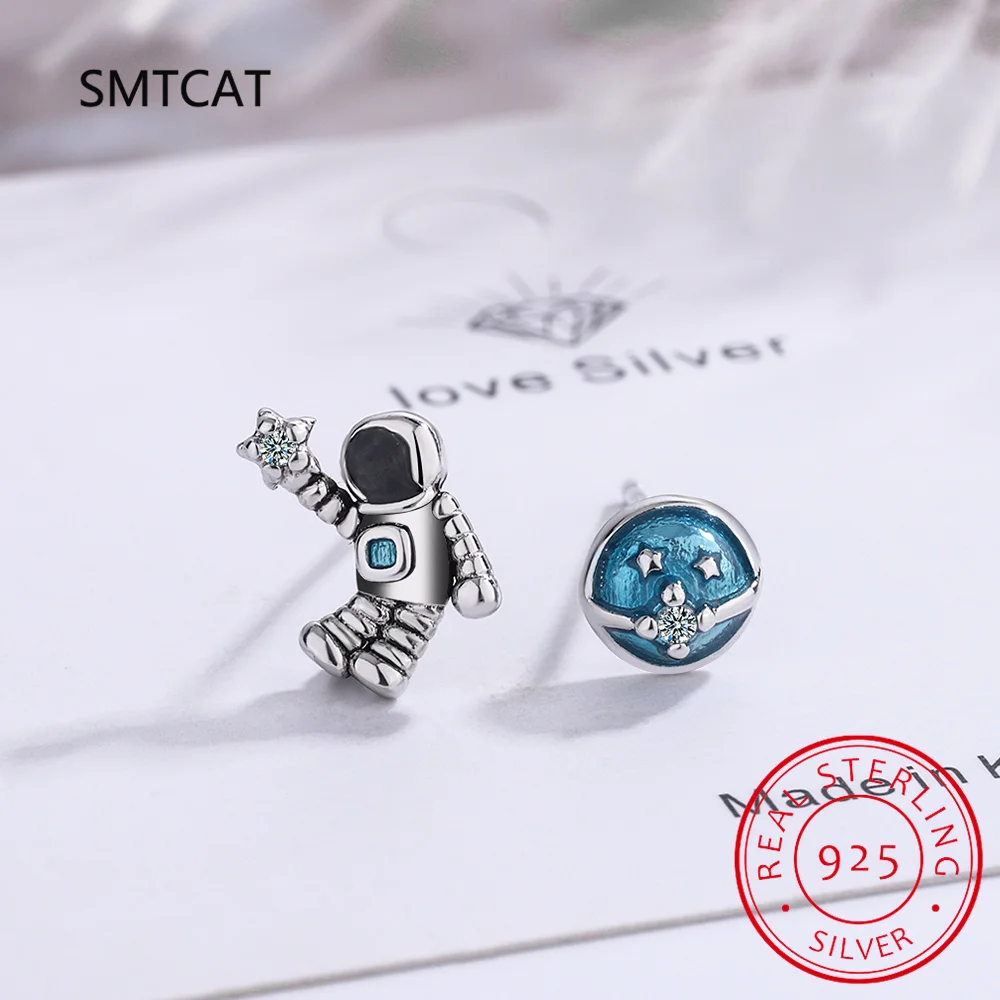 100% 925 Solid Real Sterling Opal Astronaut Ear Stud Star Asimmetria Per Regalo Per Donne Ragazze Bambini Lady Jewelry Ds3501