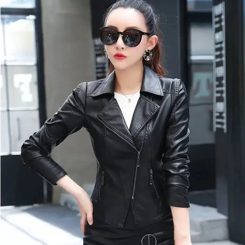 1pcs Women's Short Jackets Coat 2024 Spring New Fashion PU Leather Faux Fur Zipper Splicing Black Ladies Skinny Locomotive Coats