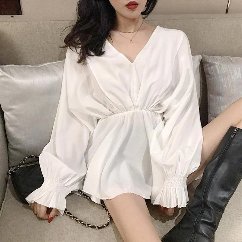 Spring Summer New Korean V Neck Bat Sleeve Waist Shirt Long Sleeve Loose Thin Ruffle Tops Tees Fashion Elegant Women Clothes t shirts tees halloween horror movie leopard o neck t shirt tee in white size l s