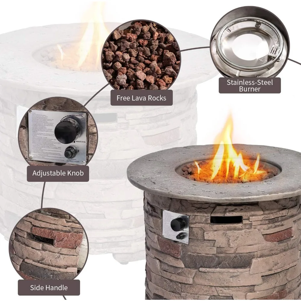 Outdoor Fire Pit Propane Round Fires Pits Table Fire Column, Stonecrest for Outside W Lava Rocks, 40,000 BTU Gas Pit
