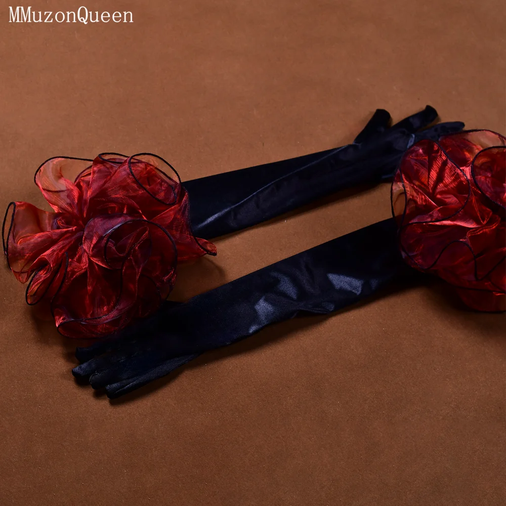 MMQ Black Satin Over-The-Elbow Gloves Red Wine Red Flowers Embellish Ball Accessories Bridal Gloves With Fingers
