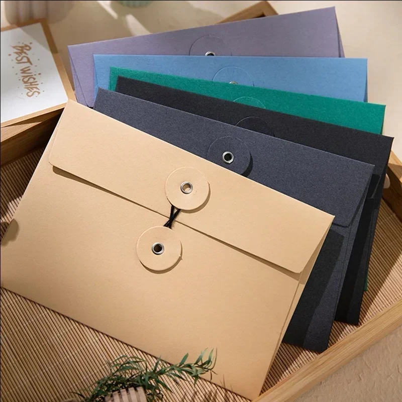 Kraft Paper Envelope with Button String Tie Vintage Solid Ticket Storage Bag Retro File Documents Bag Greeting Card Cover Office