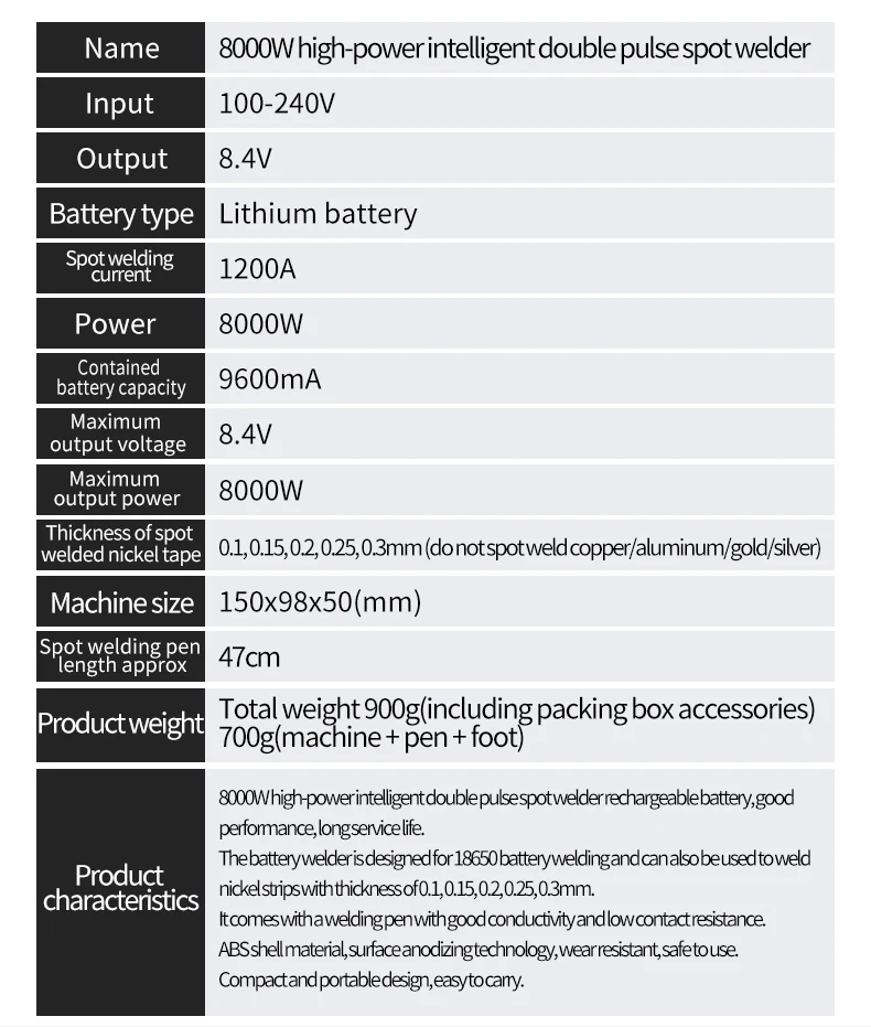 8000 W Handpunktschweißgerät, 0–1200 A, 0,1 mm, verstellbare DIY-Werkzeuge für 18650-Batterie und Nickelstreifen, tragbar mit eingebauter Batterie – Detail 4