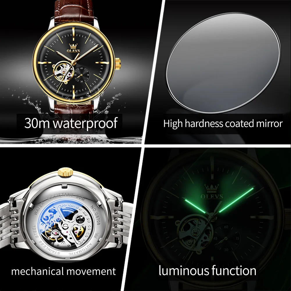 OLEVS Brand Fashion Tourbillon Mechanical Watch for Men Sport Leather Strap Waterproof Hollow Watches Men Relogio Masculino