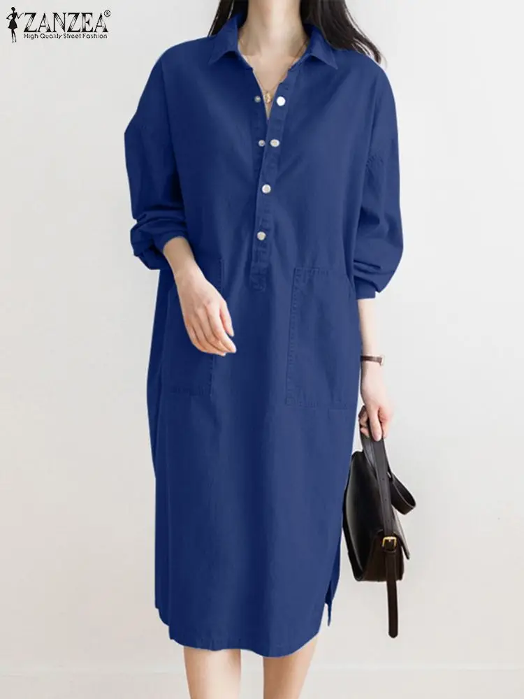

ZANZEA Fashion Vestidos Holiday Denim Long Dress Women Lapel Collar Midi Robe 2023 Autumn Pockets Buttons Casual Loose Dresses