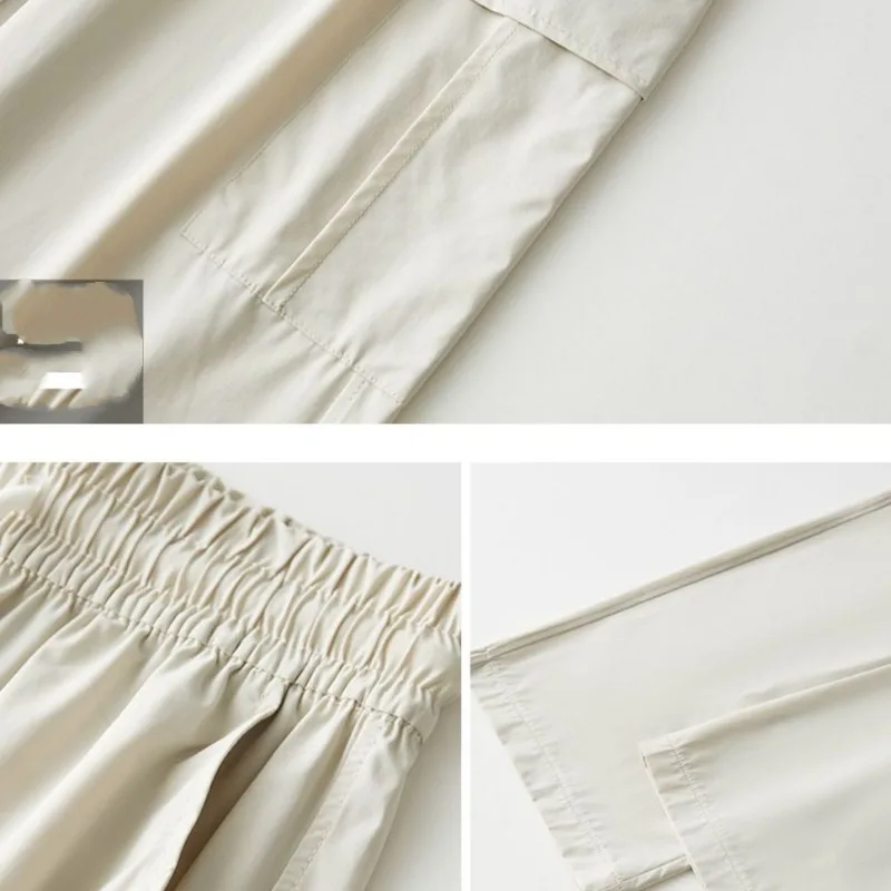 Women's Solid Spring Autumn High Waist Pockets Drawstring Elastic Casual Sports Wide Leg Workwear Trousers Office Lady Pants