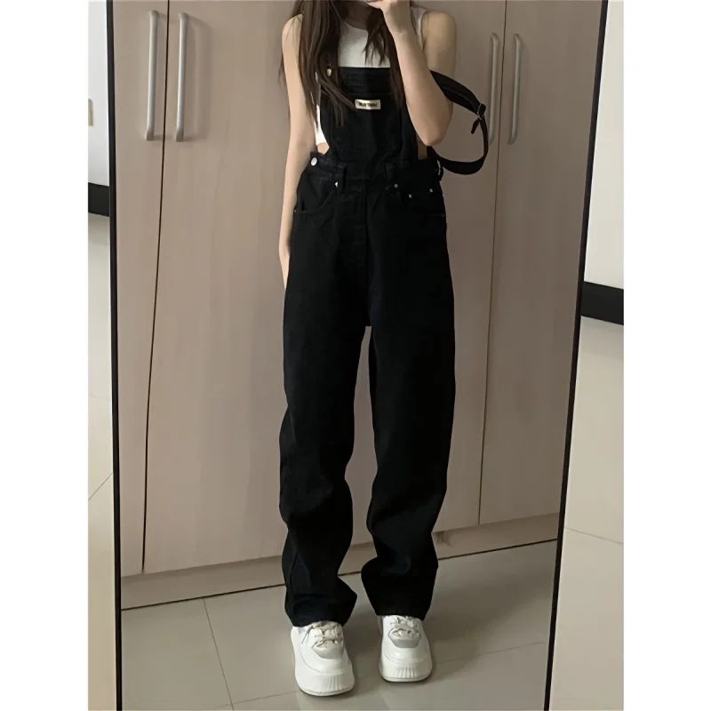 

Streetwear Black Suspender Pants Women High Waist Jeans Vintage Y2k Streetwear Korean Fashion Denim Trousers 90s Aesthetic