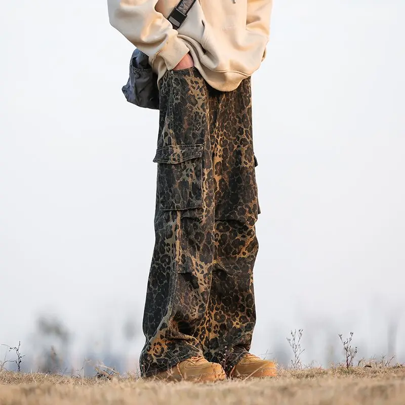 Deeptown Y2k Vintage Oversize Leopard Cargo Jean Woman Spring Street Hippie Wide Leg Pants Harajuku Fashion Casual Trousers Kpop