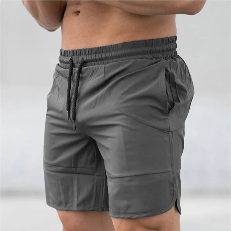 New Summer Fitness Men's Shorts Solid Color Casual Sports Trousers Running Beach Training Quick Drying Pants Panel Pocket Bottom