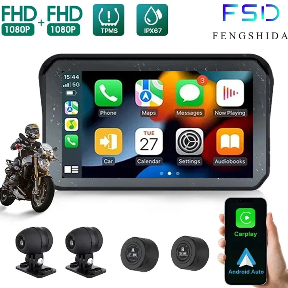 VSYSTO Wireless CarPlay & Android Auto Motorcycle Camera - 5" Touchscreen With 1080P Front/Rear Cameras & GPS