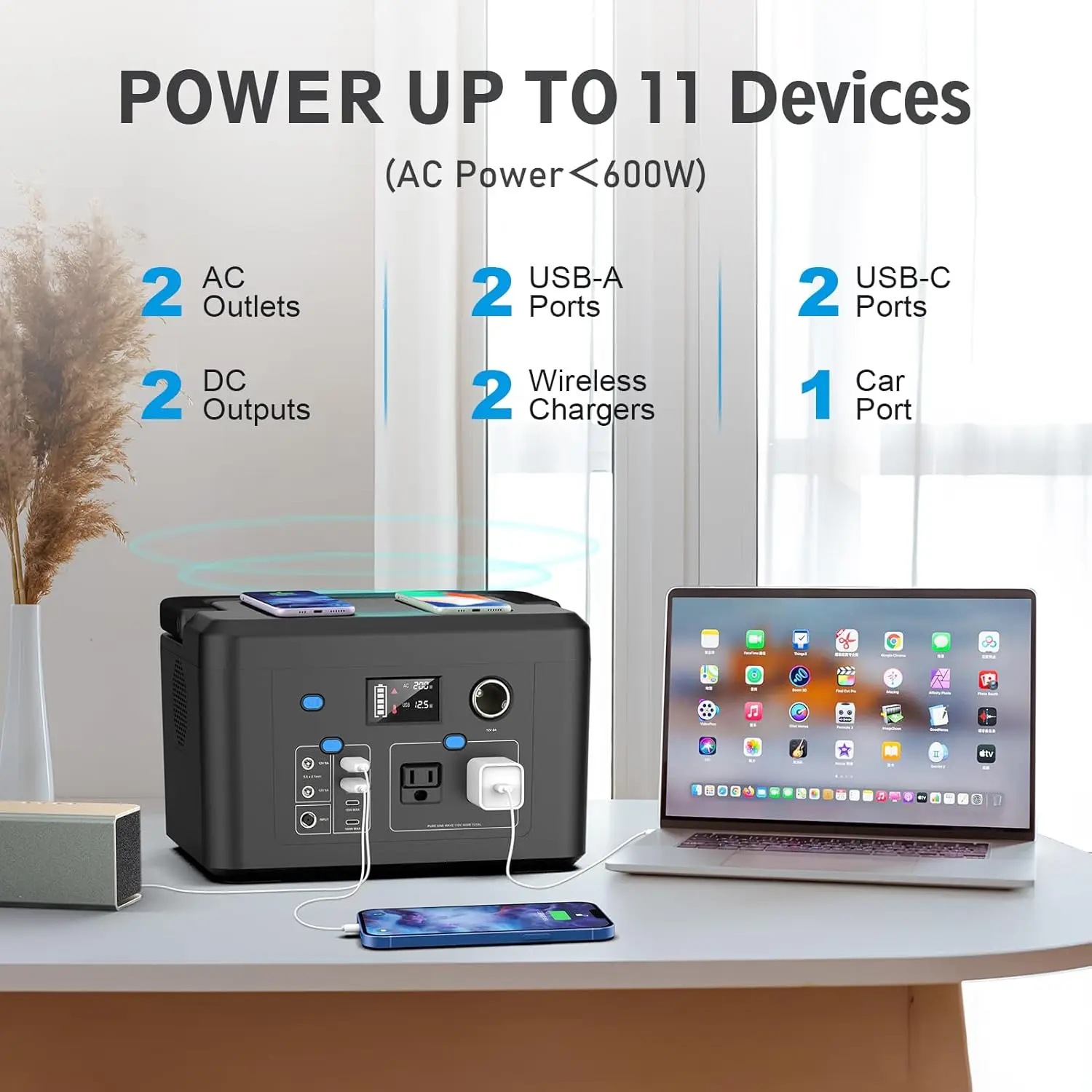 Portable Power Station 600W Powkey 296Wh Battery Backup with 2 Pure Sine Wave AC Outlets, USB-C PD100W 2 Wireless Chargers 2