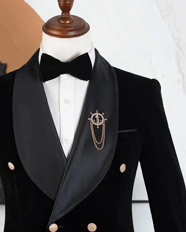 Abiti da uomo formali in velluto per smoking da sposo doppio petto da ballo di fine anno 2 pezzi giacca da celebrità con pantaloni su misura - immagine 3