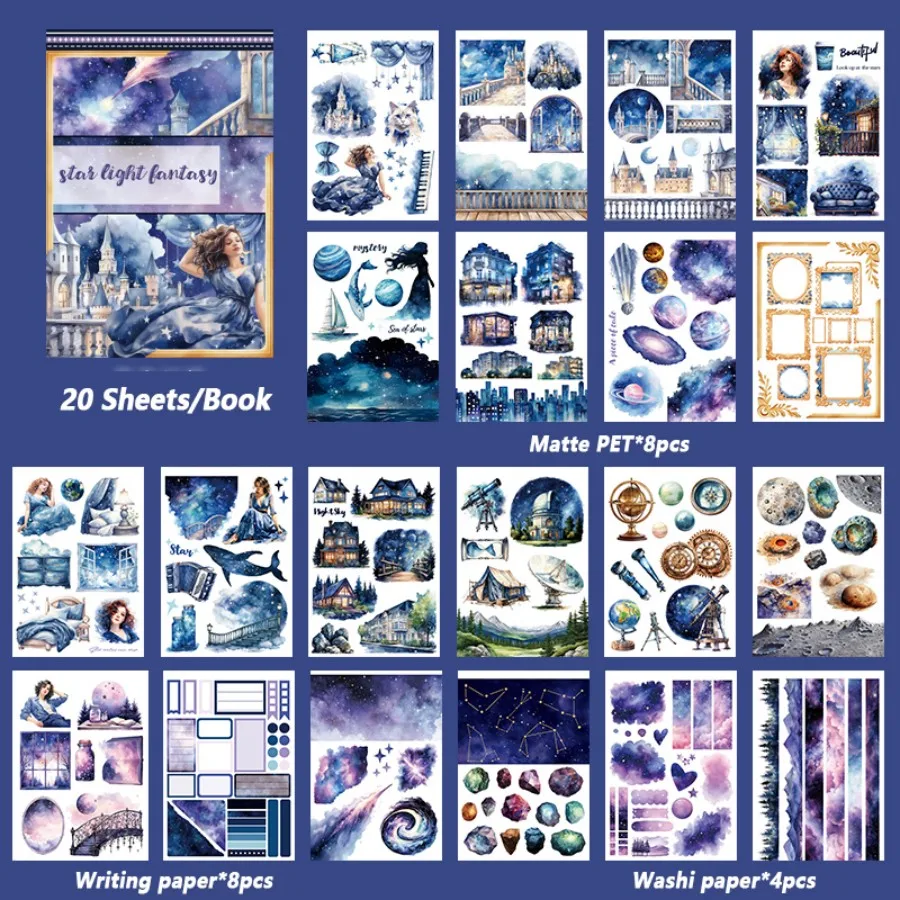 20-Sheet Waterproof Star Fantasy Sticker Set: Large Washi PET Star Cat Designs