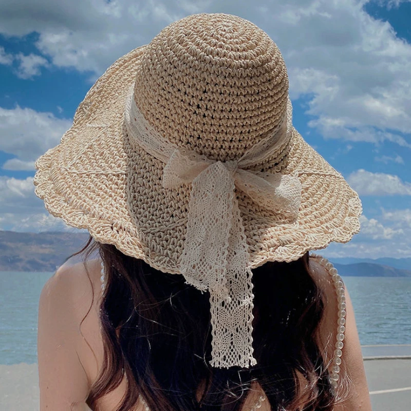 

Summer Women 2022 Beach Hat Elegant Fashion Breathable UV Blocking Hat Panama Riffia White Lace Brim Hat for Holiday Outdoor