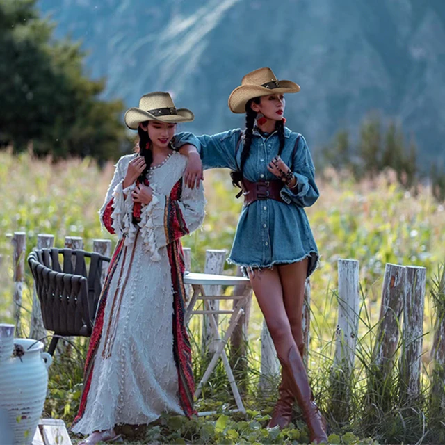 Men Women Summer Straw Western Cowboy Hats Wide Brim Sunhat Party Travel  Outdoor Cap Classical Retro