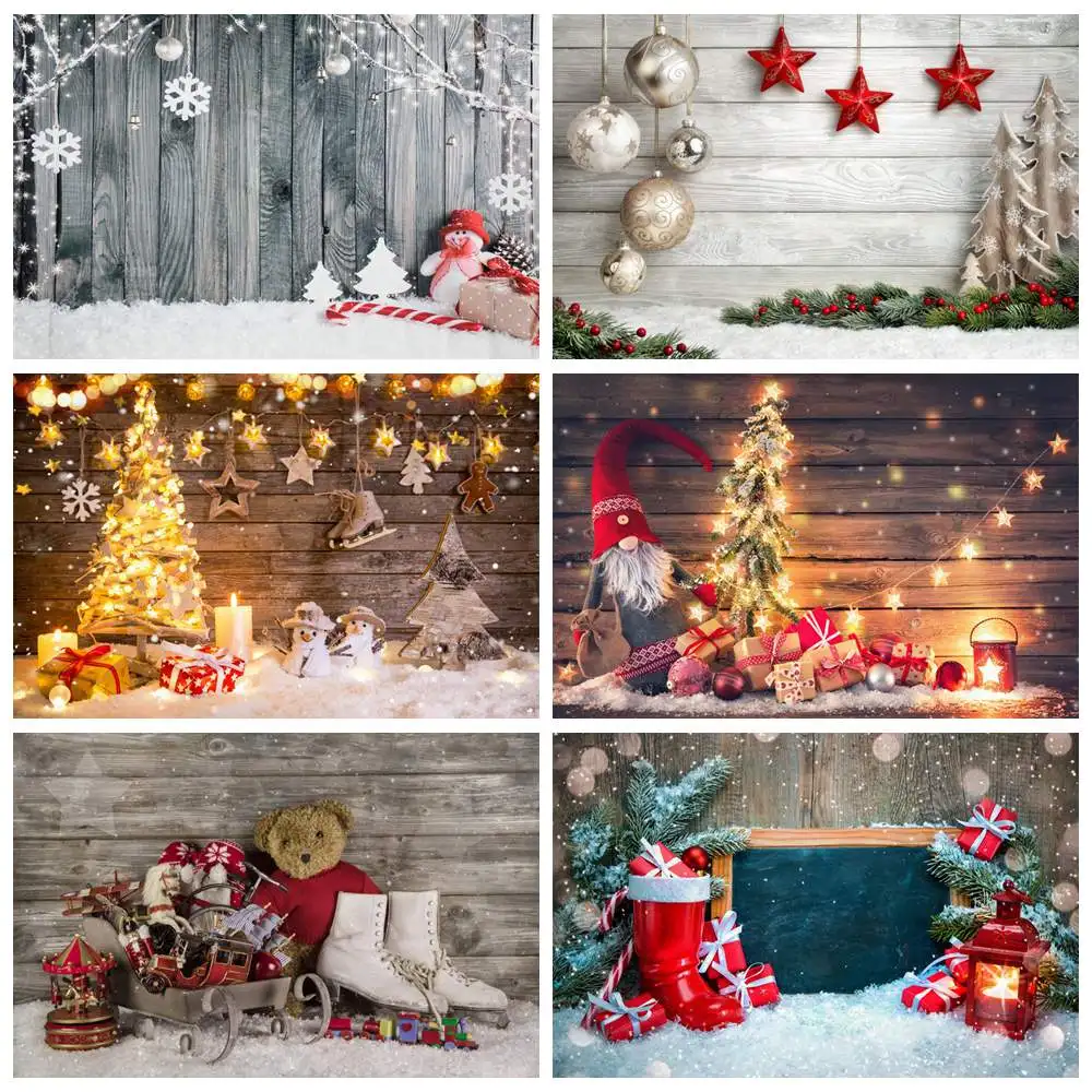 

Christmas Wooden Boards Photography Backdrops Custom Snow Tree Balls Planks Party Decoration Home Studio Photo Booth Backgrounds