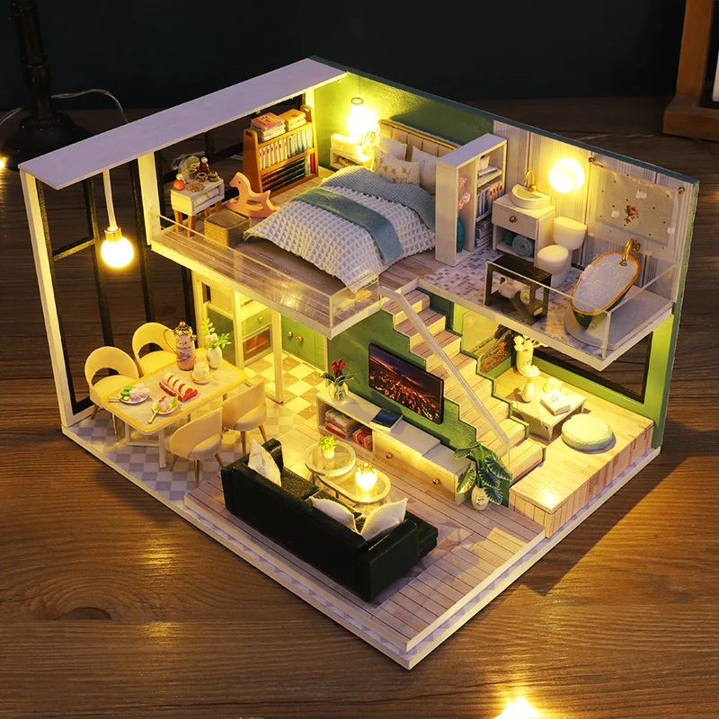 DIY 나무 미니어처 모델 키트 모던 로프트 카사 인형 집, 3D 퍼즐 인형 집, 가구 LED 조명, 친구 선물