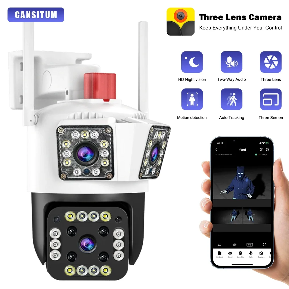 Cansitum 6K WIFI IP Outdoor 12MP Camera Motion Tracking PTZ 4K Video Camera Three Lens Three Screen Waterproof Security System custom custom linen material 7 inch 10 inch ips screen digital card video brochure wedding motion video book