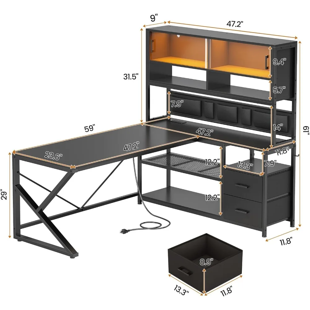 L Shaped Gaming Desk with LED Lights, Storage Shelves, Glass Cabinet & Power Outlets - Black Corner Computer Desk
