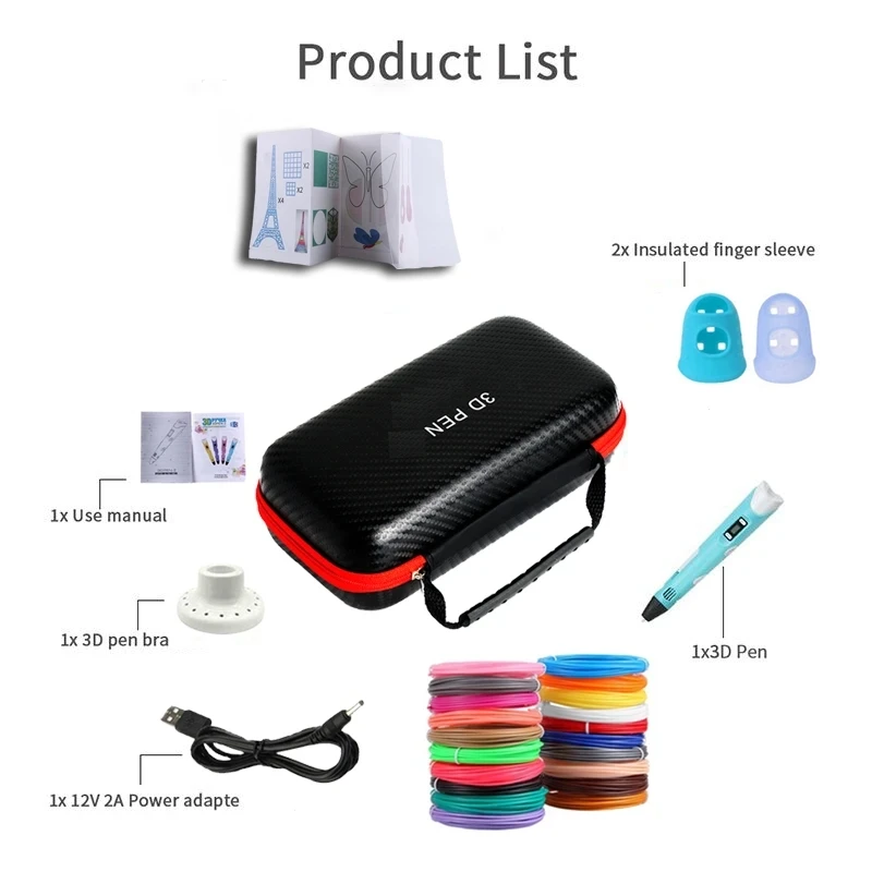 3D Printing Pen 3D Printing Pen 9/50/100/200M PLA Filament LED Display With Travel PU Case DIY Drawing Pens Stimulate Creativity Kids Boys Toys