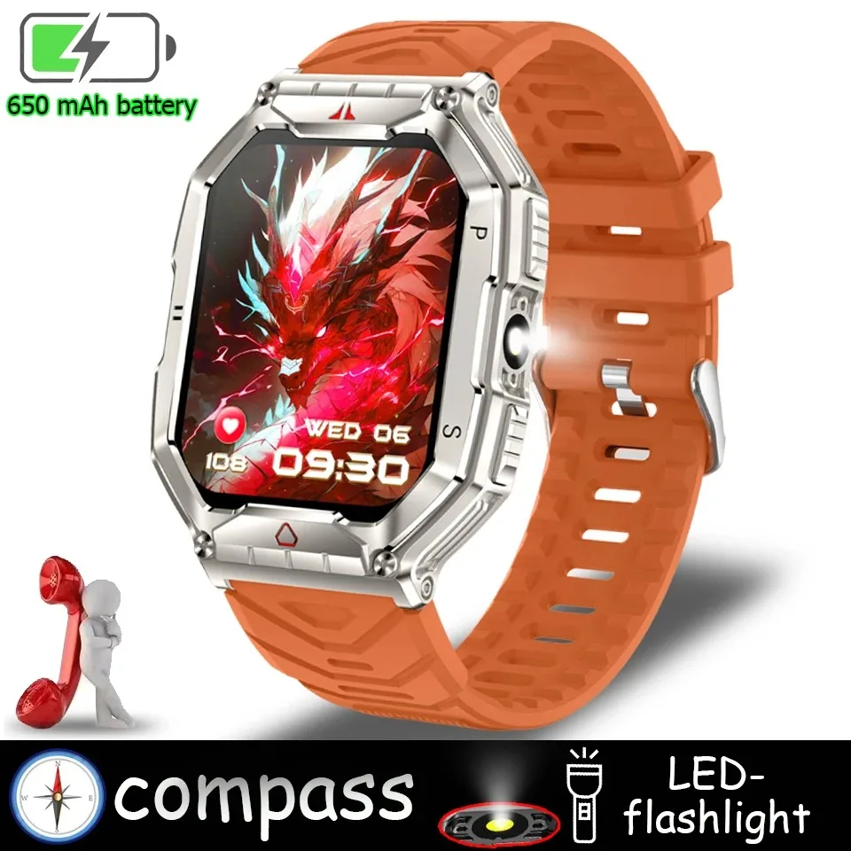 2024 New Rugged Military With LED Flashlight Smart Watch Men Heart Rate Bluetooth Call Waterproof Outdoor SmartWatch For Xiaomi 7