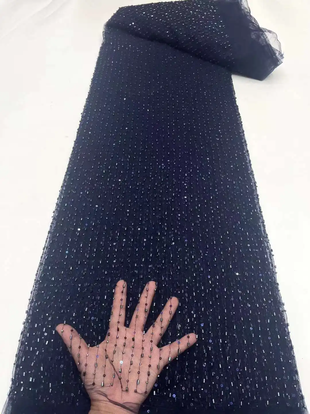 

Luxury French Mesh Lace with Sequins High Quality African Tulle Beaded Lace Fabric for Sewing Wedding Party Dresses