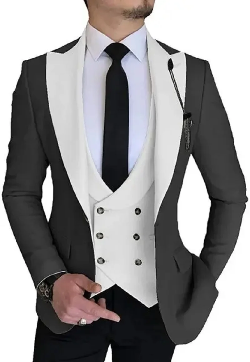 Men Suits Champagne Double Breasted Vest Wedding Tuxedo Terno Masculino Prom Groom 3 Pcs Slim Fit Blazer Custom Made