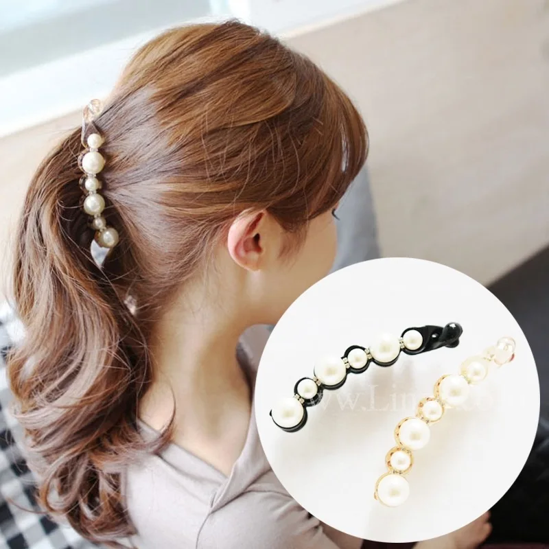 Pregadeira de cabelo banana com pérolas para rabo cavalo_voghion.com