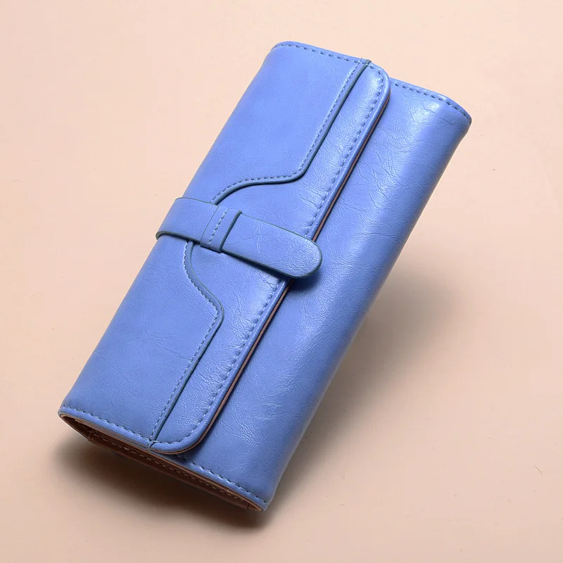 Women's purse long fashion oil wax leather three fold draw with solid color retro women's purse purse card bag wholesale