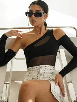 Asymmetrical Bodysuit Mesh Splicing Lingerie Sexy Body Feminino Long Sleeve Black Top Women Y2k Clothes One Shoulder Rave Outfit