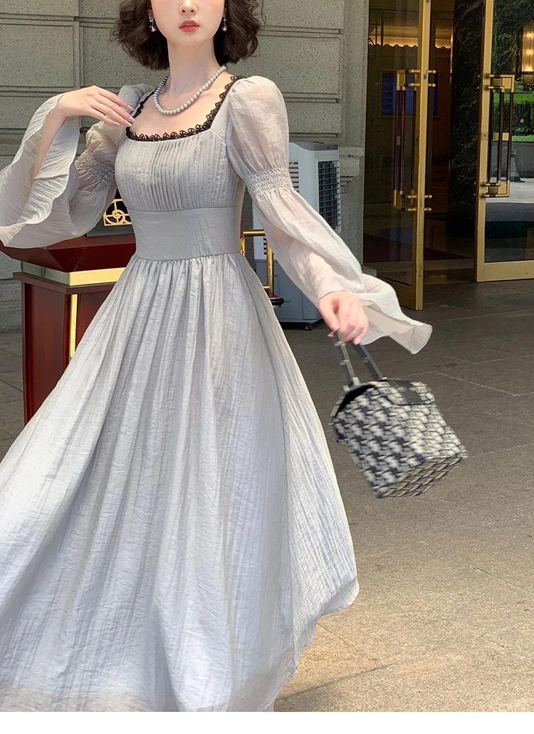 Autumn Princess Midi Dresses for Women Square Collar Flare Sleeve A-line Party Dress Slim Waist Korean One Piece Vestidos New