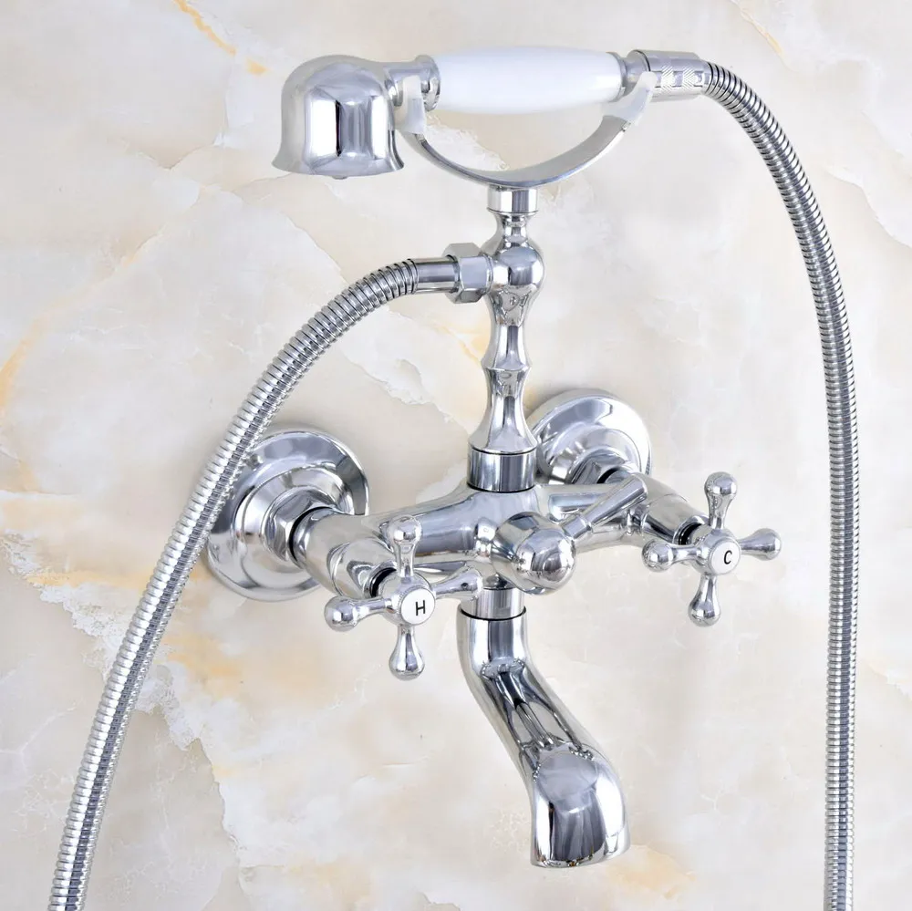 

Polished Chrome Brass Double Cross Handles Wall Mounted Bathroom Clawfoot Bathtub Tub Faucet Mixer Tap w/Hand Shower atf863