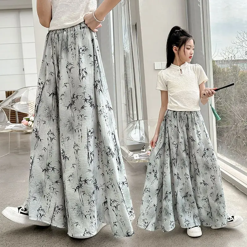 

Kids Girls Ink Printed Wide Leg Pants 2024 New Arrival Teenage Girls Loose Pants Summer Thin Casual Trouseers Sweet Skirt Pants