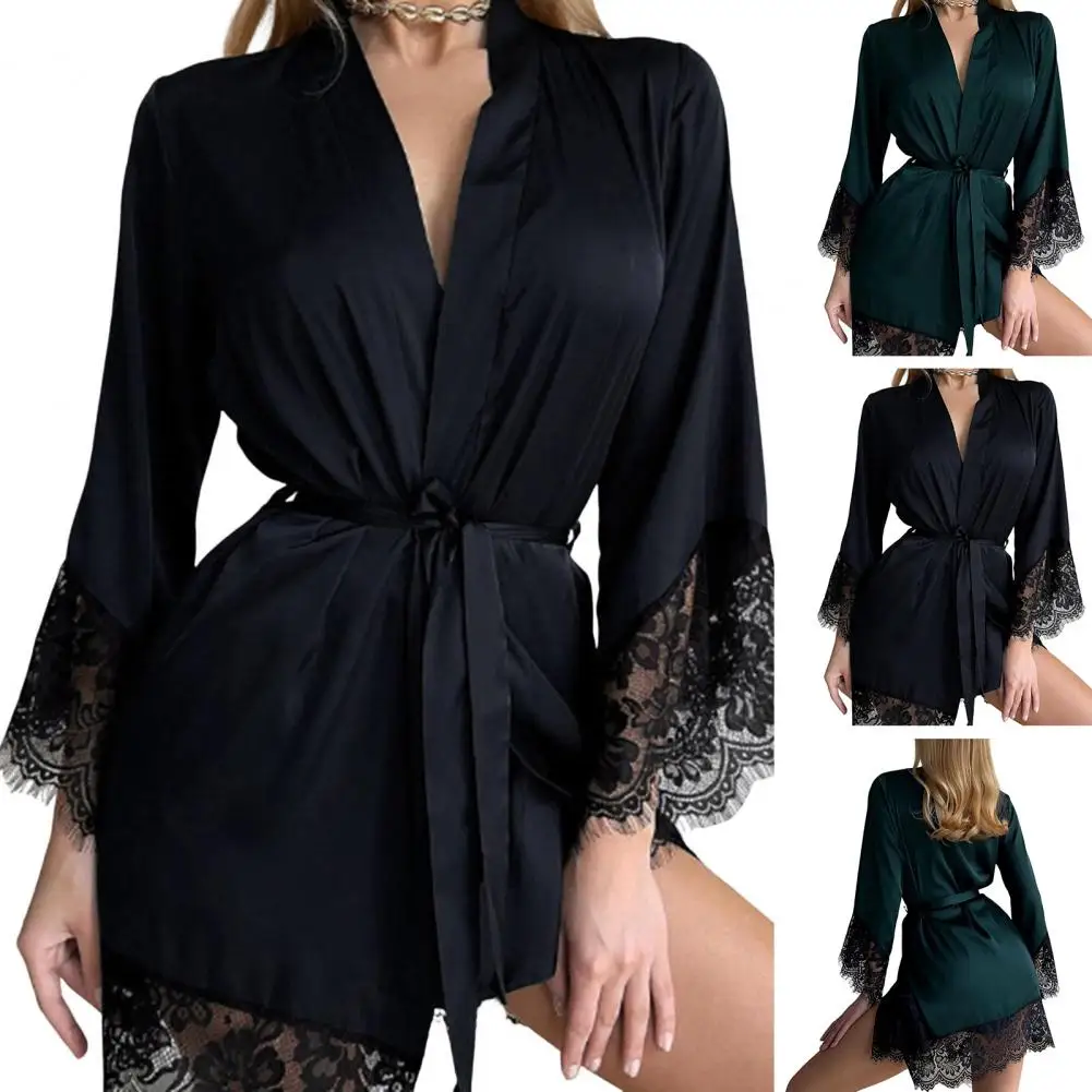 Women Sexy Silk Kimono Satin Dressing Gown Bath Robe Lace Lingerie Nightdress Nighties V-neck Nightdress Nightwear Nightshirt