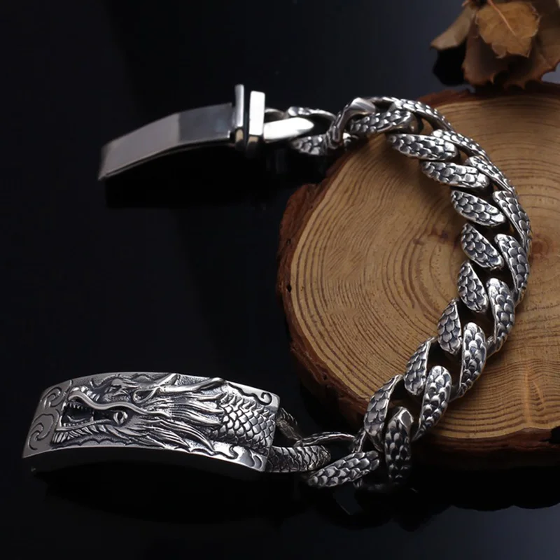 Heavy 14mm Wide 925 Sterling Silver Thai Silver Dragon Bracelet