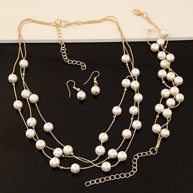 Imitation Pearl Jewelry Sets Multilayer Gold/Silver Plated Necklace Sets for Bridal Wedding Necklace/Bracelet/Earrings Set