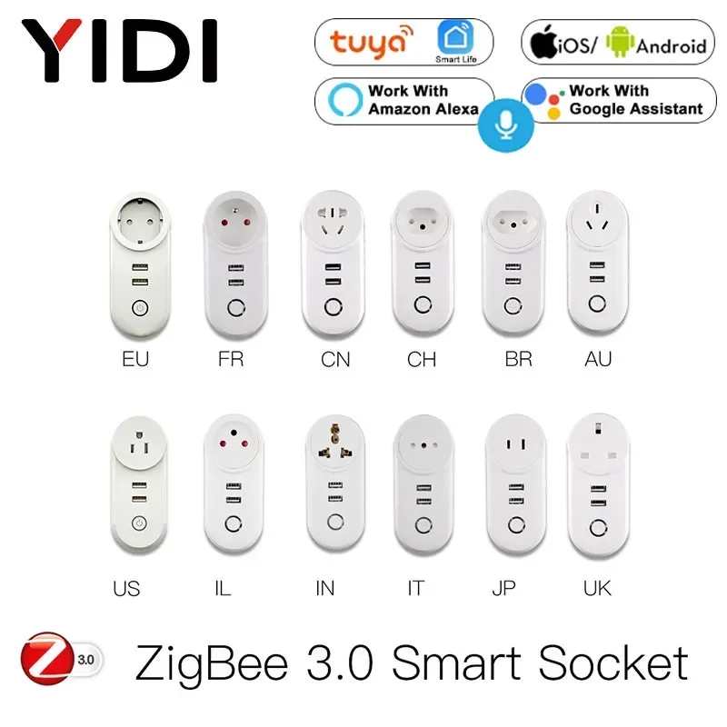 맞춤형 ZigBee 3.0 스마트 소켓 플러그(2개의 USB 인터페이스 포함) Tuya 스마트 라이프 원격 음성 제어 SmartThings Alexa Google 홈