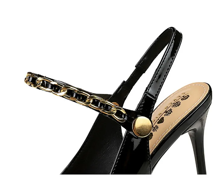 Shoes Metal Chain Women Pumps Patent Leather New Women 7 Cm 9.5 Cm Heels Women Summer Stilettos Sandals High Heels