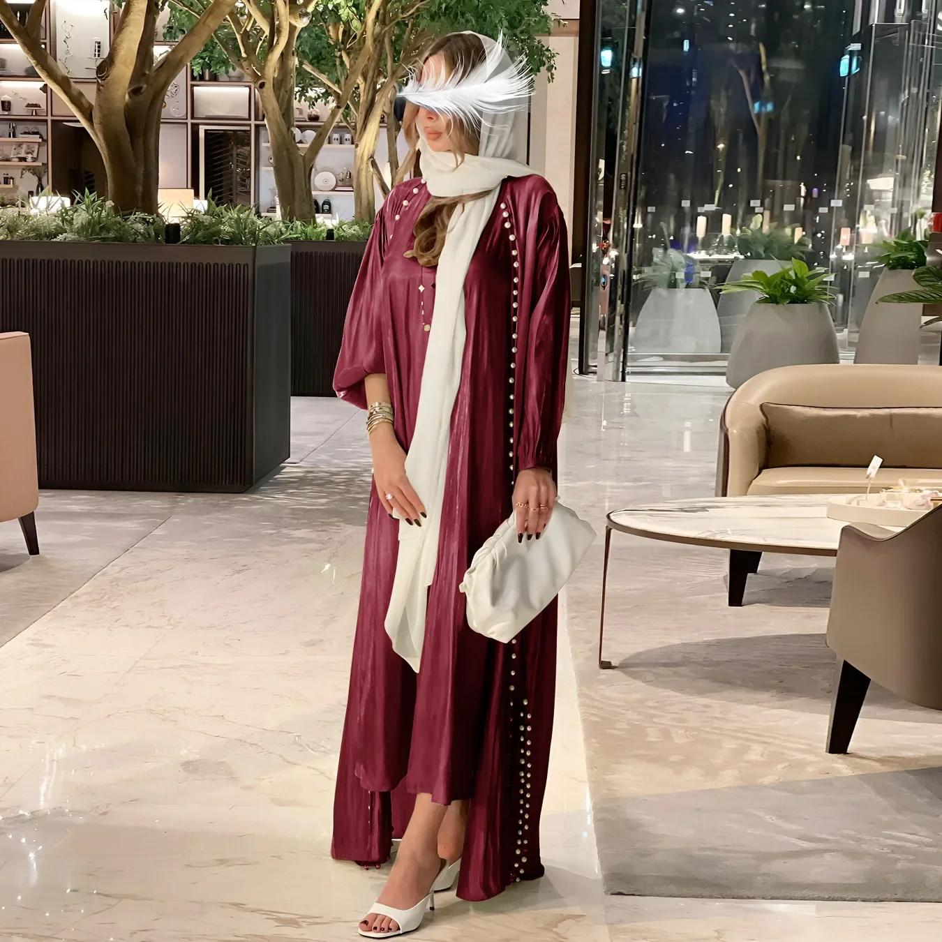 Beads Silky Satin 2 Piece Abaya Set Party Evening Sleeveless Dress+Kimono Dubai Modest Islamic Muslim Suit Sets Women (No Hijab)