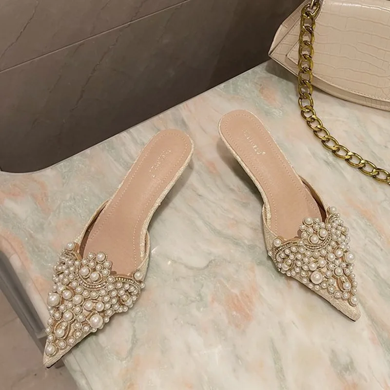 

Designer Wedding Shoes Mid Heel Slippers Women Pearl Shoes Pointed Toe String Bead Pumps Lady Thin Heels Slides Elegant Female
