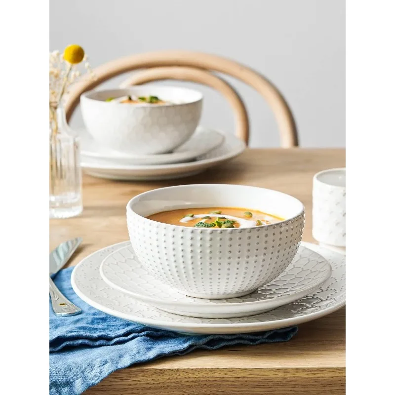 Dinnerware Sets 12 PCS, Ceramic Plates and Bowls Set (10" Dinner Plate + 8" Salad Dish + 26 oz Cereal Bowl) x 4, Oven safe