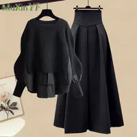2025 Spring/Autumn New Korean Elegant Splice Fake Two Piece Knitted Sweater Dress Matching Set Women's Chic Pullover Skirt Set 1