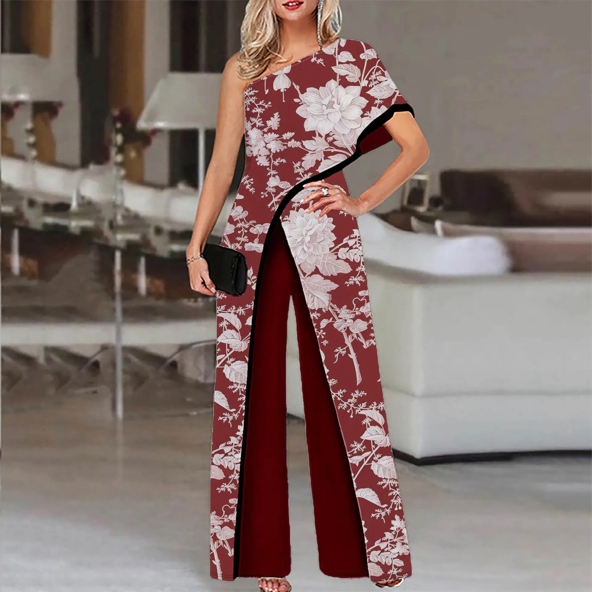 Women Jumpsuit One Shoulder Casual Overalls Streetwear 3D printing pattern Wide Leg Jumpsuits Elegant Lady Party Romper Clubwear