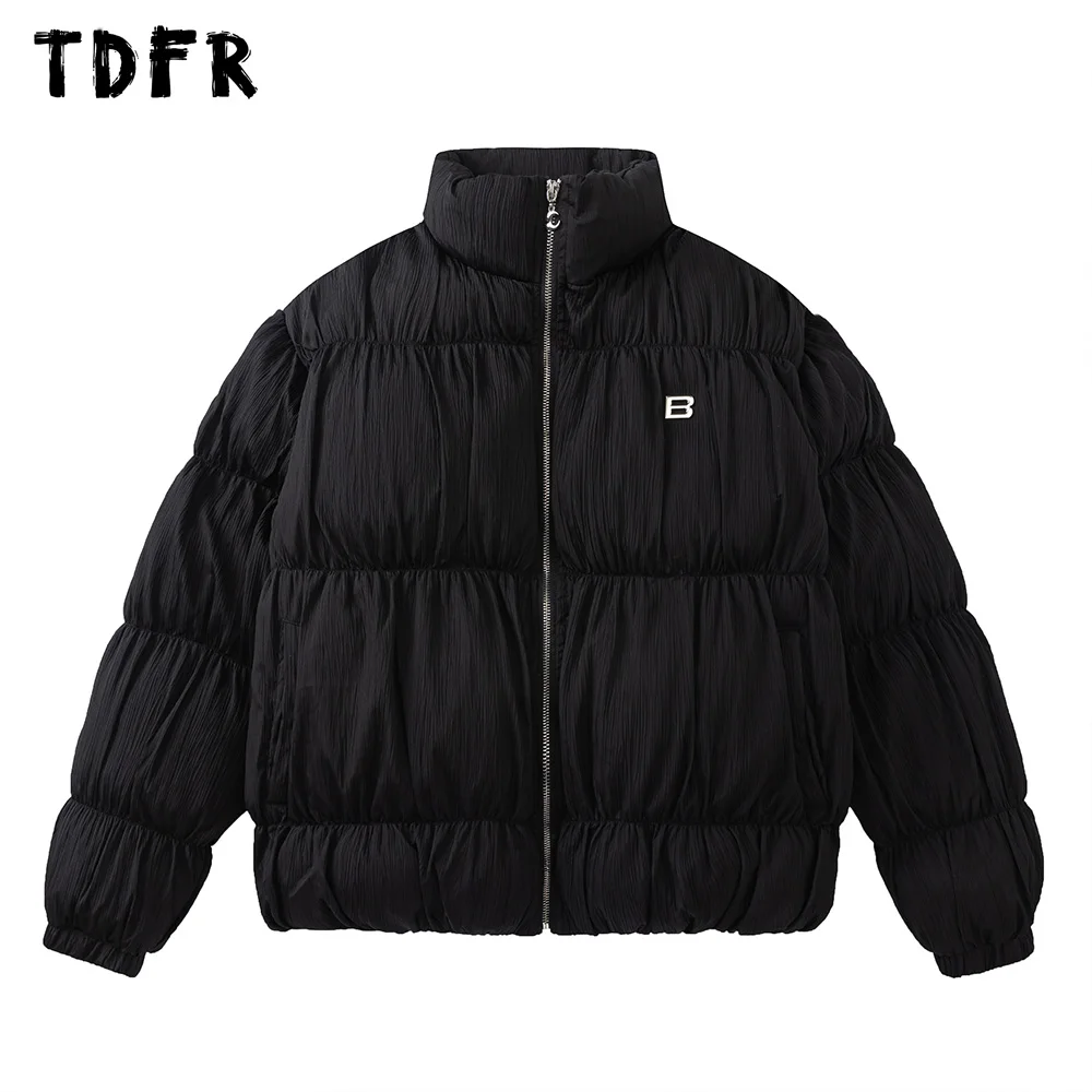 

Pleated Solid Color Padded Jacket Mens Winter Casual Stand Collar Long Sleeve Loose Quilted Jacket Men