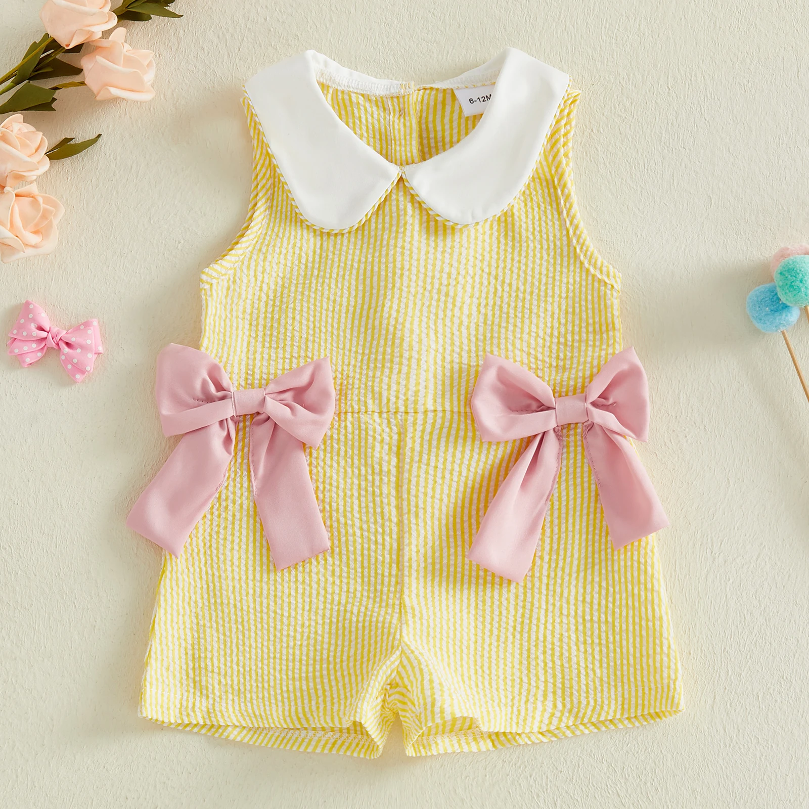 0-4Y Toddler Cute Doll Collar Jumpsuit for Girls Striped Bows Sleeveless Shorts Overalls 2026 Summer Casual Kids Clothes 4
