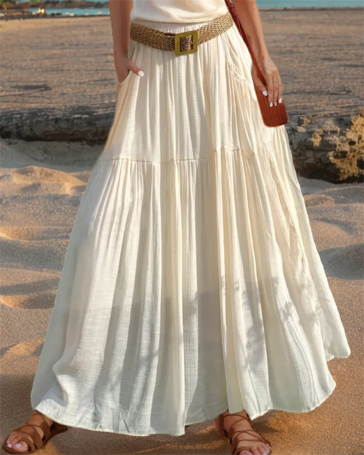 2026 Belted Hem A-line Solid Color Elastic Waist Skirt Women's Summer New Beach Vacation Commuting Camping All-match Long Skirt