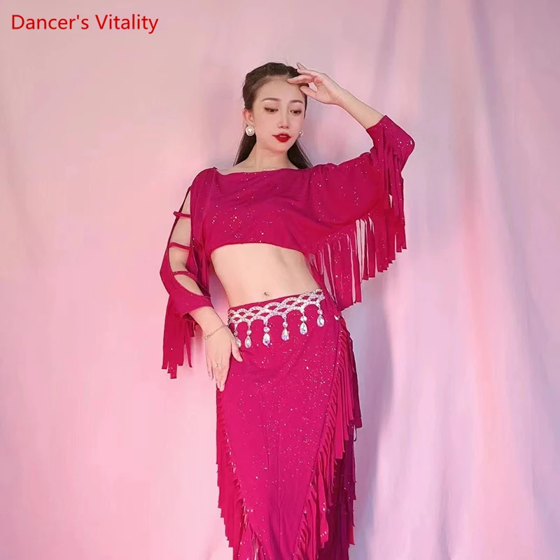 

Belly Dance Practice Clothes for Women Long Sleeves Top+tassel Spandex Skirt Suit Bellydance Group Set Cusomzied Oriental Wear