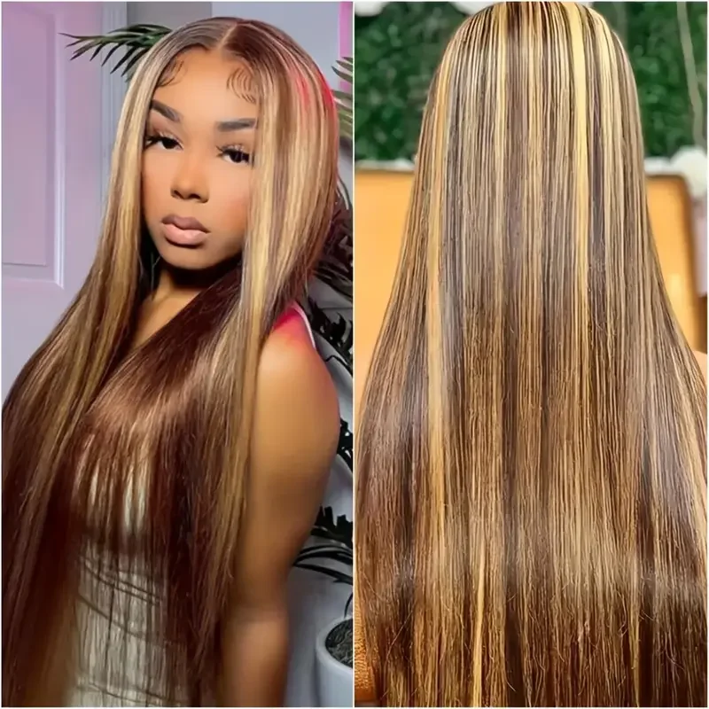 Highlight Straight 40 46 Zoll P4/27 Braun gefärbte 13x6 Echthaarperücke 200 Dichte, vorgezupft, 13x4 HD Lace Front Perücken für Damen – Detail 2