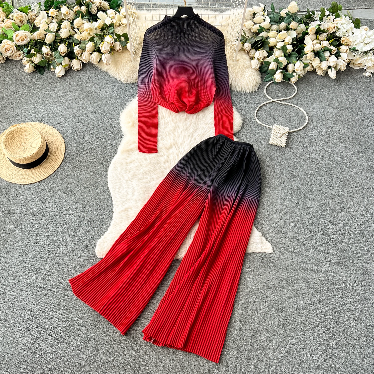 

Clothland Women Vintage Print Blouse Pants Suit Long Sleeve Shirt Elastic Waist Wide Leg Trousers Retro Two Piece Set TA218